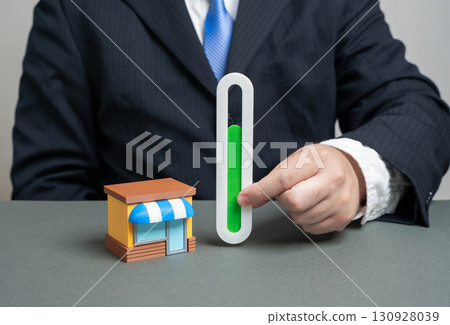 Business performance scale. Business profitability. Physical condition of retail equipment and the need for renovations. Concept of commerce, investments and corporate efficiency. 130928039