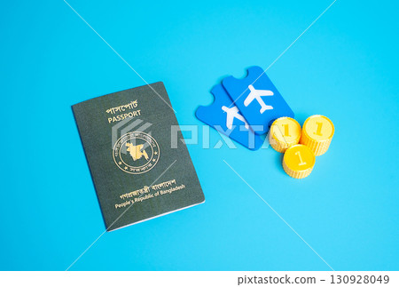 Bangladesh passport passport and plane tickets. Booking a ticket. Which countries have a visa-free regime, tourism, border control, global mobility, immigration rules. Traveling around the world. 130928049