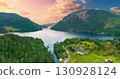 Panoramic view from above on mountain valley with lake Henangervatnet at sunset. Eikelandsosen, Norway, Europe. Horizontal banner 130928124
