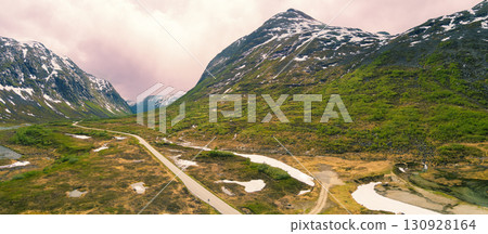 High mountain landscape. View from above of mountain valley. Beautiful nature Norway. Trollstigen Tourist Route (Turistvag) in National Park. Horizontal banner 130928164