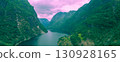 Aerial panoramic view of the fjord. Mountain landscape in the evening. Naeroyfjord, Gudvangen, Norway. Horizontal banner 130928165