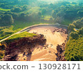 Aerial view on the rocky sea coast at sunrise. Buelna Beach (Playa Buelna), Llanes, Asturias, Spain 130928171