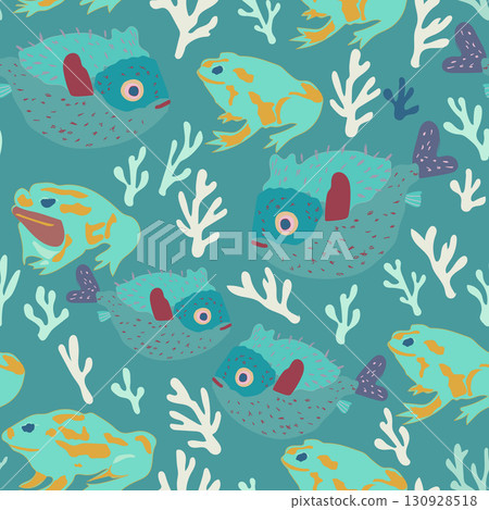 Sea animals seamless pattern. Porcupine fish and Cane toad vector background. Vector illustration Sea animals seamless pattern. Porcupine fish and Cane toad vector background. Vector illustration 130928518