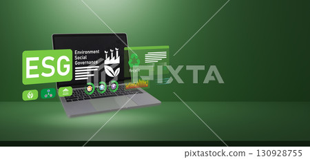 Laptop with ESG environment social governance icons, sustainable business and green technology concept Laptop with ESG environment social governance icons, sustainable business and green technology concept 130928755