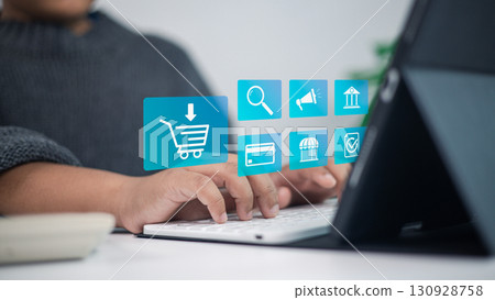 E-commerce business with digital shopping cart icons for online store, digital marketing and payment technology E-commerce business with digital shopping cart icons for online store, digital marketing and payment technology 130928758