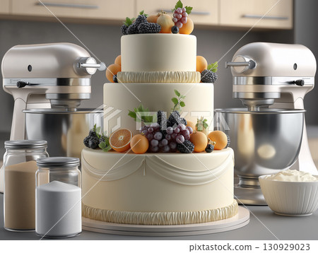 Professional Kitchen with a Beautiful Wedding Cake 130929023