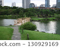 The pond and skyscrapers of the Kyu-Shiba Rikyu Gardens 130929169