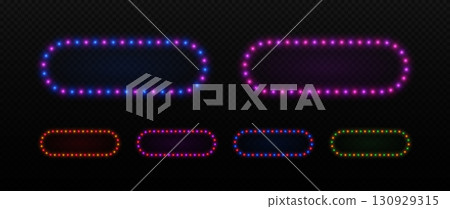Light neon frame with bulbs. Rectangle retro border having led glow of lamps. Vector set of elements for cinema, casino and party advertising. Light neon frame with bulbs. Rectangle retro border having led glow of lamps. Vector set of elements for cinema, casino and party advertising. 130929315