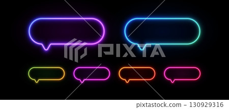 Neon light speech bubble. Talk sign for text message. Glowing led chat icon. Vector laser dialog set. 130929316