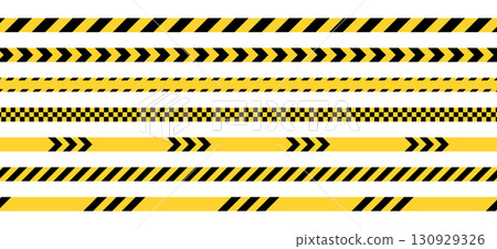 Yellow caution tape danger. Safety line used by police and construction workers. Set of vector horizontal warning stripes. 130929326