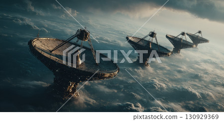 Large satellite dish orbiting Earth in space Large satellite dish orbiting Earth in space 130929369