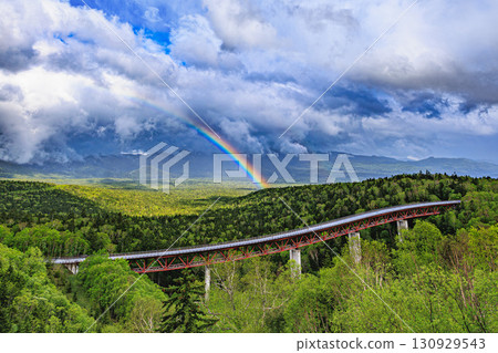 大雪山森林上的橋樑和閃耀的彩虹 大雪山森林上的橋樑和閃耀的彩虹 130929543