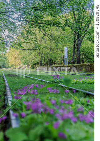 廢棄鐵路線上殘留的安靜月台和新鮮綠地 廢棄鐵路線上殘留的安靜月台和新鮮綠地 130929548