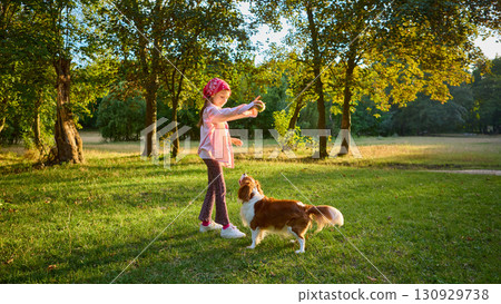 Girl throwing stick for dog in green meadow at sunset 130929738