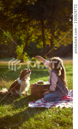 Girl holding grapes above excited dog during outdoor picnic on blanket Girl holding grapes above excited dog during outdoor picnic on blanket 130929772