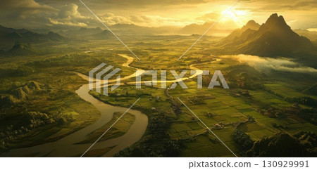 River valley sunset landscape. 130929991