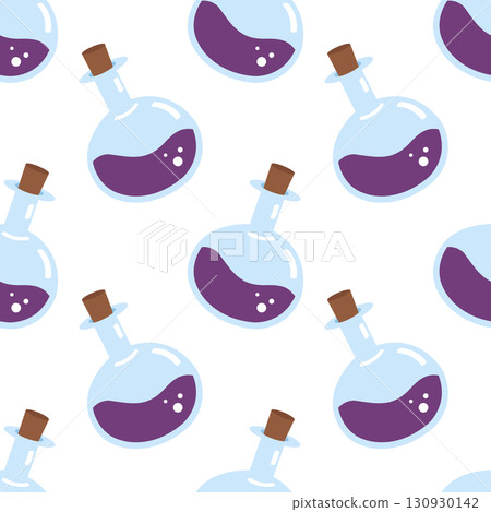 A cute seamless pattern with glass potion bottles. A print with purple magic elixir. Background, wallpaper, wrapping paper, fabric, notebook cover template A cute seamless pattern with glass potion bottles. A print with purple magic elixir. Background, wallpaper, wrapping paper, fabric, notebook cover template 130930142