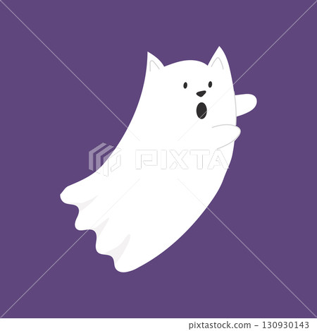 A cute illustration of a flying ghost cat on a purple background. Fun Halloween character. A cute illustration of a flying ghost cat on a purple background. Fun Halloween character. 130930143