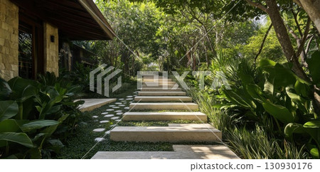 Stone Steps with Lush Garden Path. 130930176