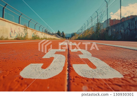Urban Running Track with 50m Mark, and Cityscape. Urban Running Track with 50m Mark, and Cityscape. 130930301