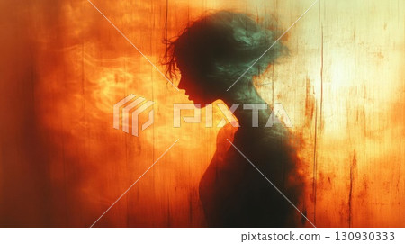Woman Silhouette Smoke Art with Dramatic Portrait. Woman Silhouette Smoke Art with Dramatic Portrait. 130930333