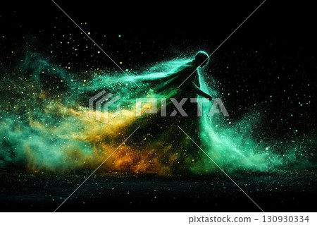 Woman Stardust Trail with Fantasy, Green, and Gold. 130930334