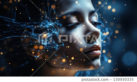 Woman with Face, Abstract, Blue, Sparks, and Portrait. 130930335