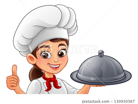 Female Chef Woman Smiling With Food Tray Thumbs Up Female Chef Woman Smiling With Food Tray Thumbs Up 130930367