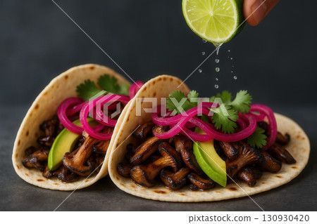 Mushroom Tacos With Avocado, Pickled Onion, And Lime 130930420
