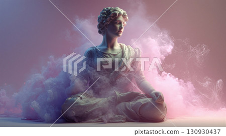 Greek bust statue in serene yoga pose surrounded by vibrant pink and purple smoke 130930437