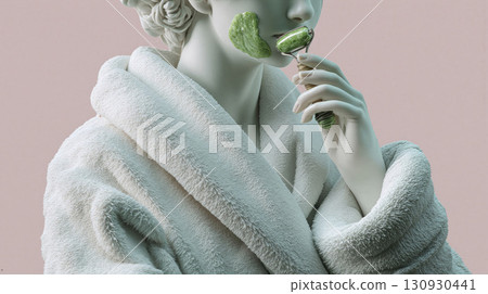 Classical statue torso adorned with a white robe and a green facial roller showcasing modern skincare 130930441