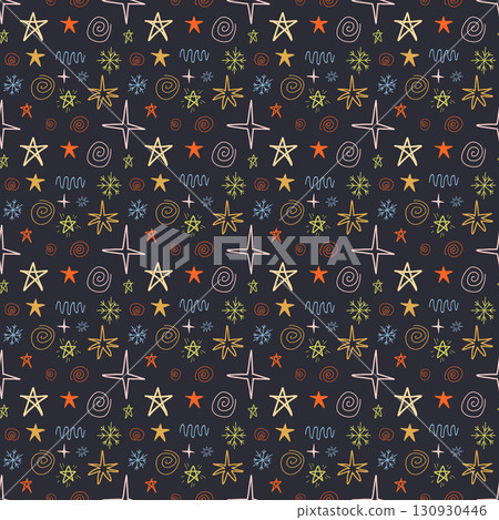 Black whimsical Christmas pattern with snowflakes, stars, and doodles 130930446