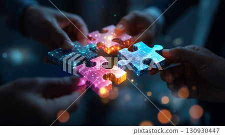 Team collaborates to connect vibrant puzzles featuring blooming elements during a creative session 130930447