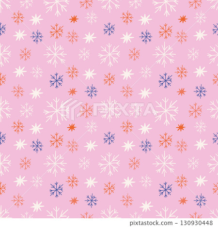 Pink whimsical Christmas pattern with snowflakes in doodle style 130930448