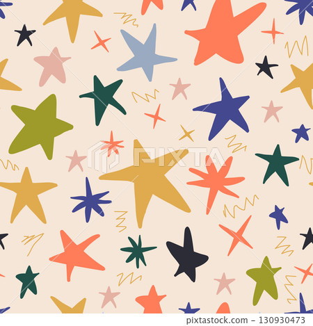Beige whimsical Christmas pattern with colorful stars and doodles 130930473
