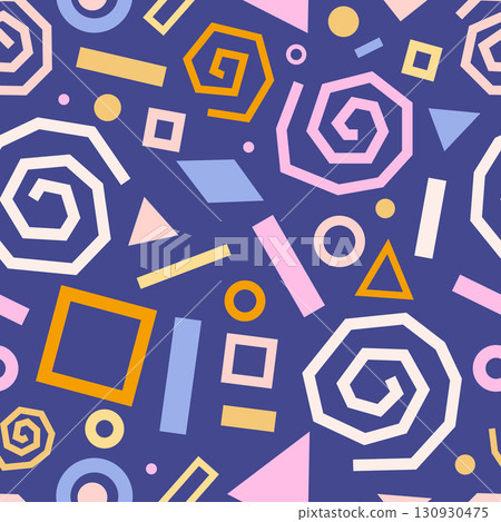 Festive seamless pattern with doodles, swirls, stars, geometric elements 130930475