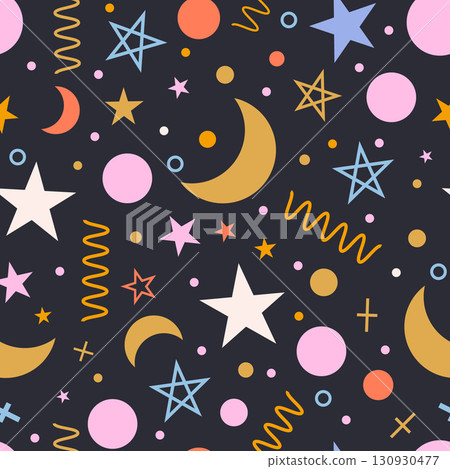 Festive holiday seamless pattern with stars, moon, circles and doodles Festive holiday seamless pattern with stars, moon, circles and doodles 130930477