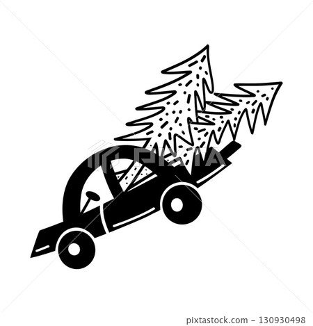 Funny Christmas car with trees. Christmas, New year concept. Hand drawn illustration Funny Christmas car with trees. Christmas, New year concept. Hand drawn illustration 130930498