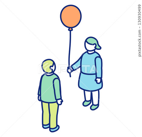 Isometric illustration of a girl trying to give a balloon and a boy trying to receive it 130930499