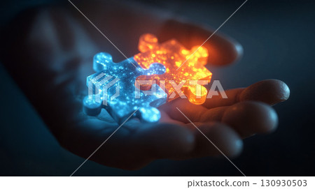 Close-up view of a hand holding glowing puzzle pieces in a dark setting during the evening 130930503