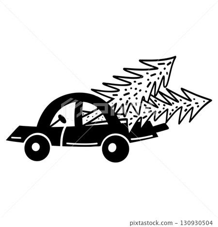 Funny Christmas car with trees. Christmas, New year concept. Hand drawn illustration 130930504