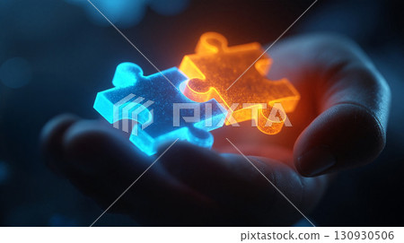 Hand holding glowing blue and orange puzzle pieces in a dark setting during an evening 130930506