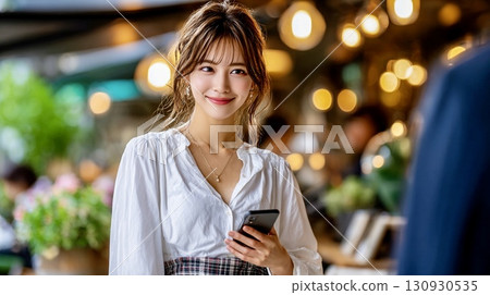 Smiling woman portrait with image of meeting 130930535