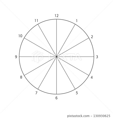 Simple 12-division circular frame with numbers - a template for charts such as pie charts, 12-hour charts, and 1-year charts 130930625