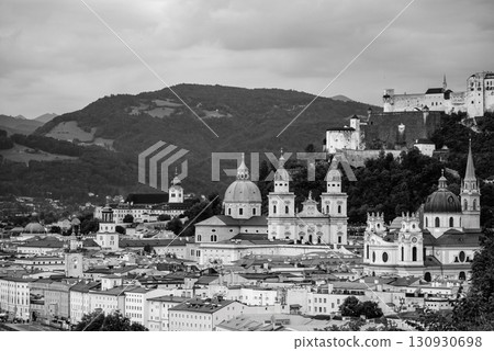 Historic old town of Salzburg and Hohensalzburg Fortress atop the Festungsberg hill in Salzburg, Austria 130930698