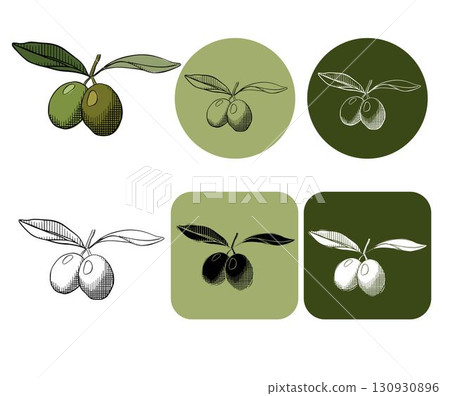 olive branches with leaves, logotype. Vector graphic line ink colored illustration. Line drawing, silhouette of olives, flat design. A simple element for decoration, design olive branches with leaves, logotype. Vector graphic line ink colored illustration. Line drawing, silhouette of olives, flat design. A simple element for decoration, design 130930896