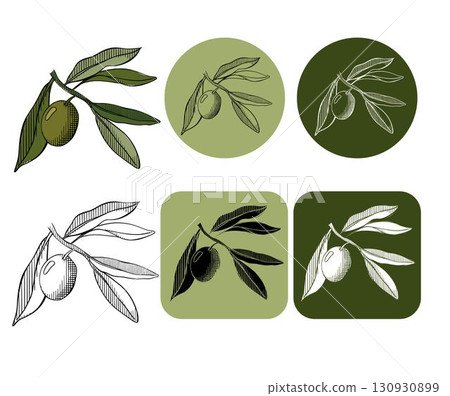 Olive berry branch with green leaves logotype. Vector graphic line ink colored illustration. olive solid pictogram. Banner, poster, wrapping paper, sticker, print, modern textile design. Olive berry branch with green leaves logotype. Vector graphic line ink colored illustration. olive solid pictogram. Banner, poster, wrapping paper, sticker, print, modern textile design. 130930899