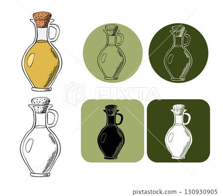 olive oil glass bottle logotype. Vector graphic line ink colored illustration. Organic extra virgin olive oil bottle with label. Sample poster, invitation, holiday banner, postcard. 130930905