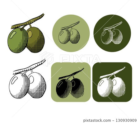 Green olives berry branch logotype. Vector graphic line ink colored illustration. For organic product packaging, culinary branding, herbal labels, and botanical design projects. Green olives berry branch logotype. Vector graphic line ink colored illustration. For organic product packaging, culinary branding, herbal labels, and botanical design projects. 130930909