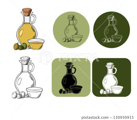 Bottle and jug with olive oil and a branch with olive fruits logotype. Vector graphic line ink colored illustration. background for banners, print for fabric, labels, t-shirt printing. 130930915